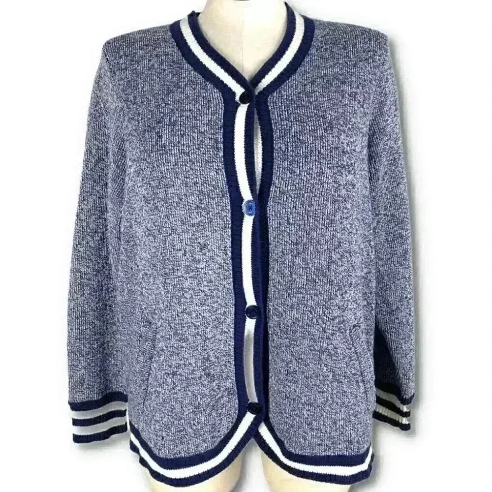 C Wonder Womens sweater size 1X blue white button down grandpa cardigan